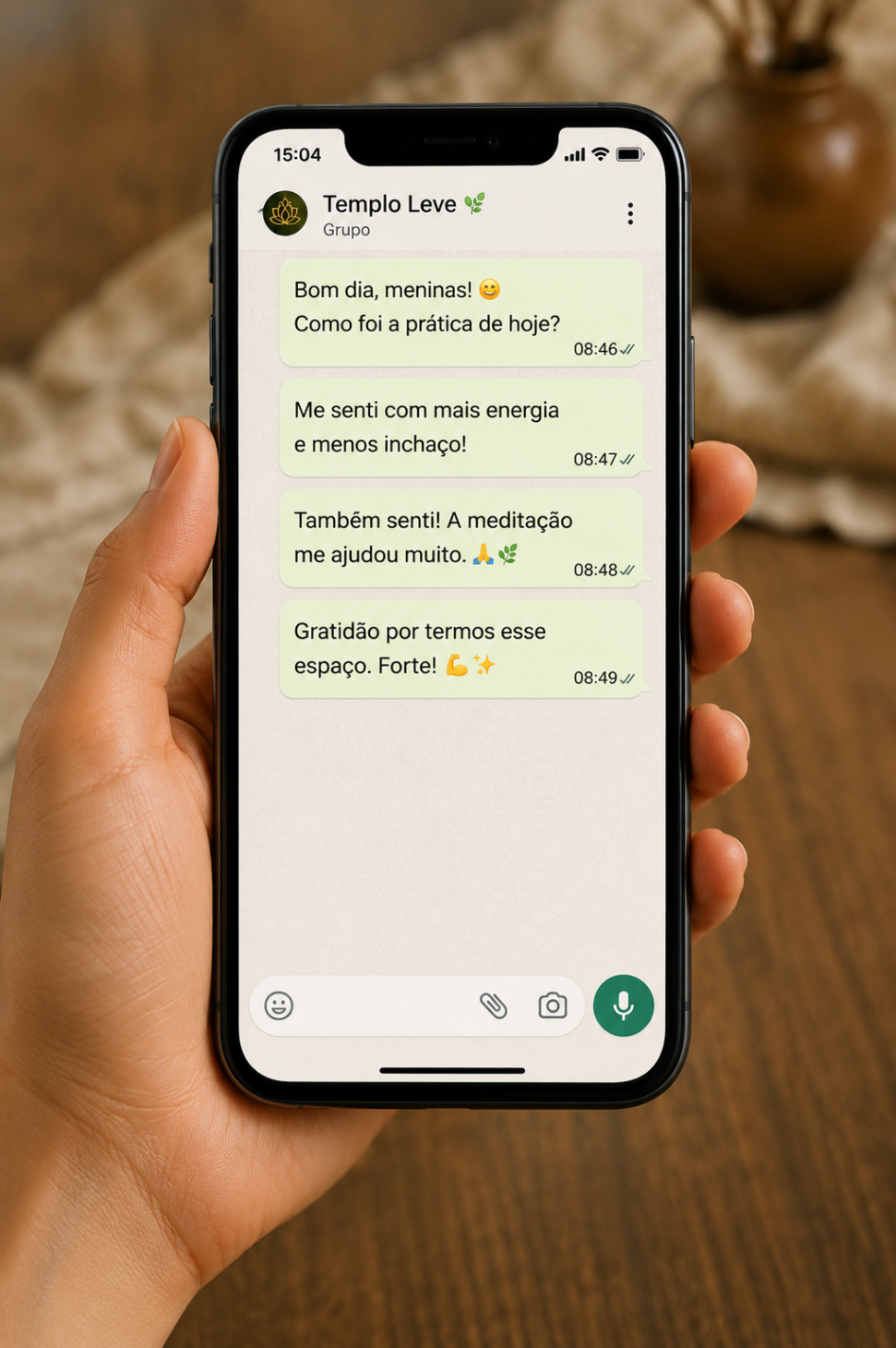 Telemóvel mostrando uma conversa acolhedora no WhatsApp.