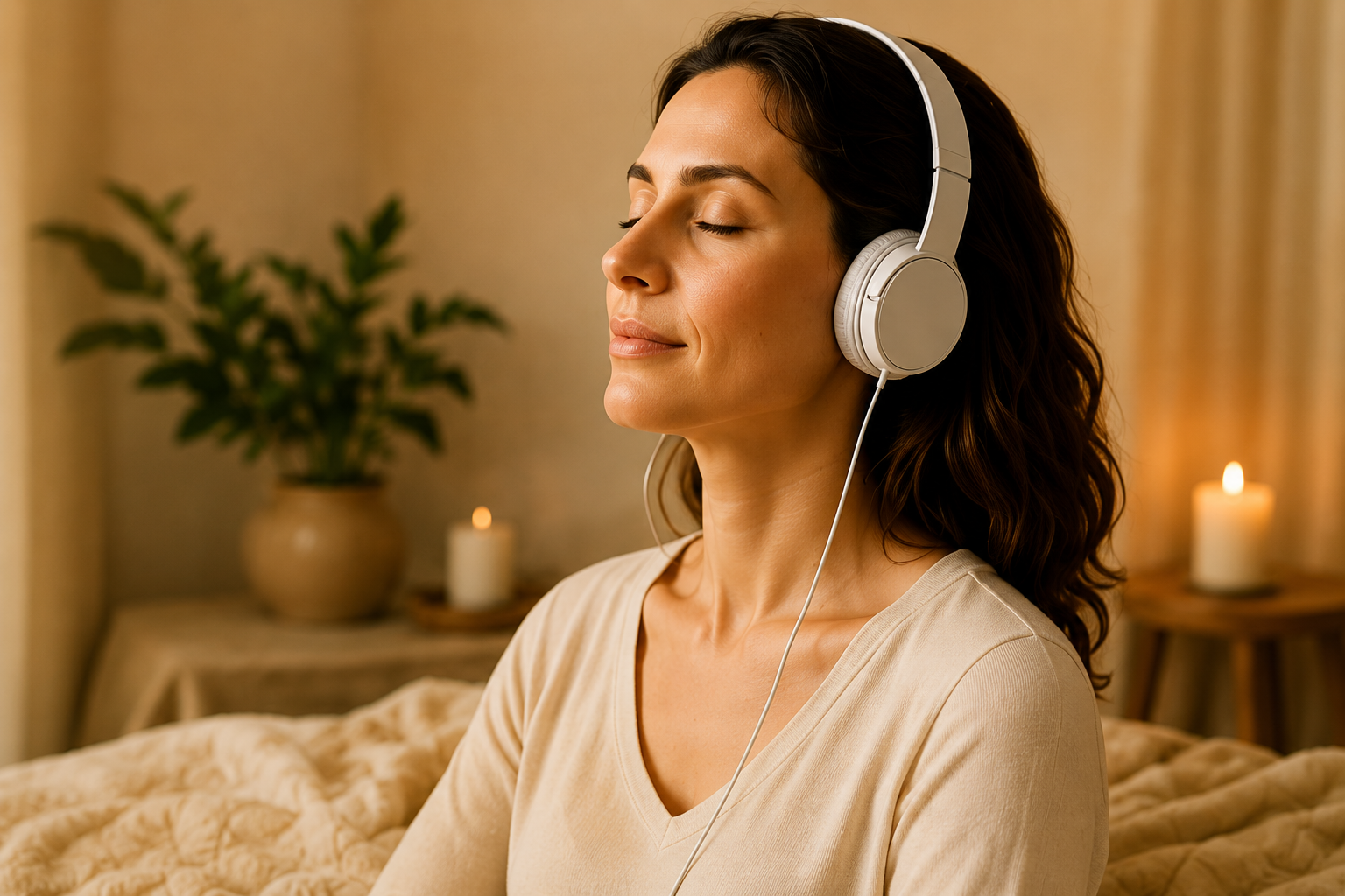 Mulher com headphones e olhos fechados numa meditação guiada.
